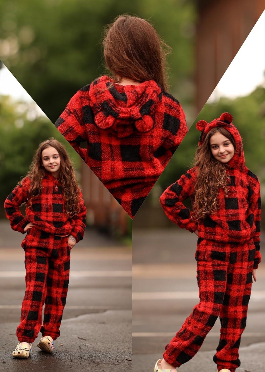 imageArshiner Girls 2 Piece Outfits Sweatsuit Fuzzy Long Sleeve Bear Ear Hoodie Sweatshirt and Sweatpant Kids Clothing SetsRed Plaid