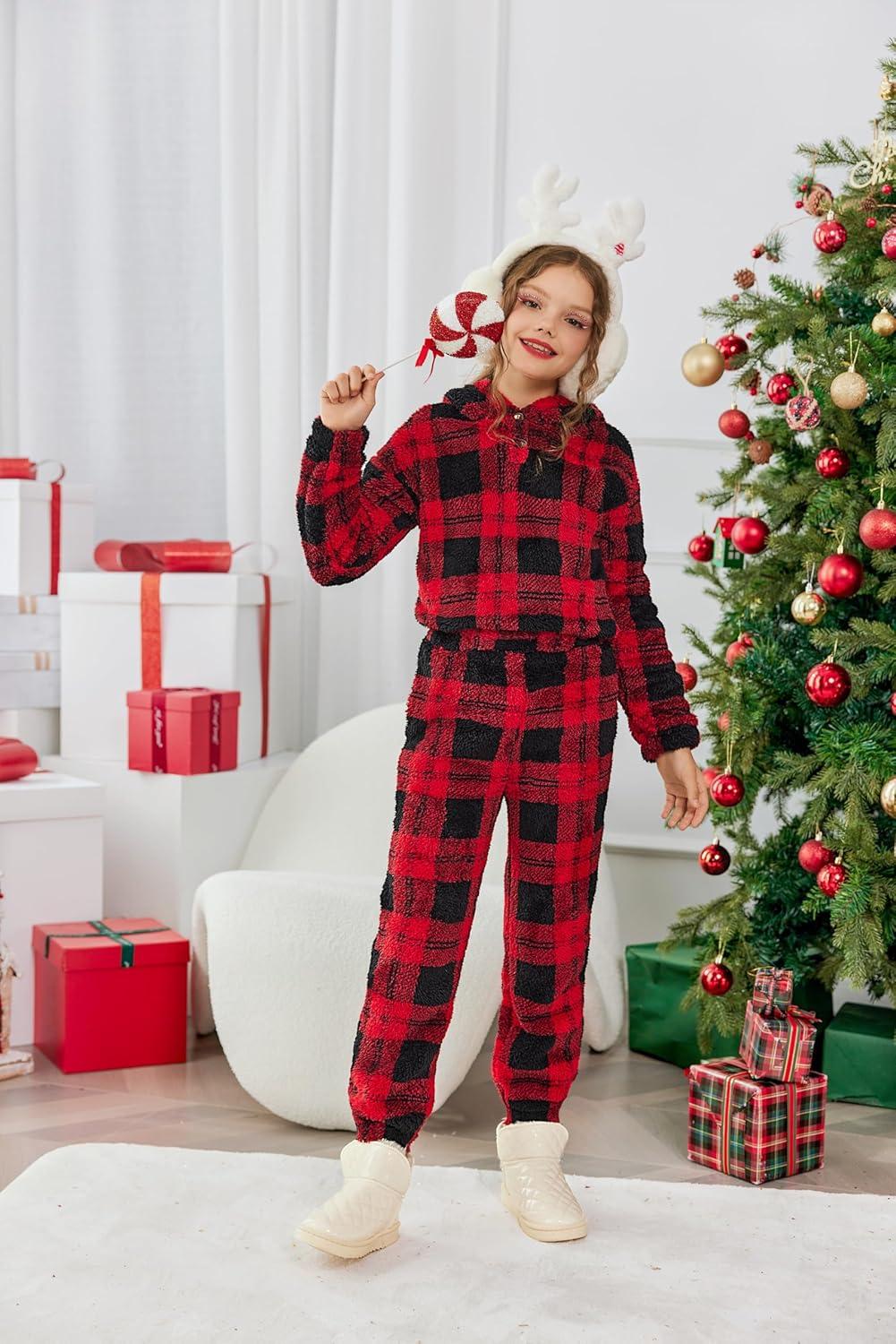 imageArshiner Girls 2 Piece Outfits Sweatsuit Fuzzy Long Sleeve Bear Ear Hoodie Sweatshirt and Sweatpant Kids Clothing SetsRed Plaid