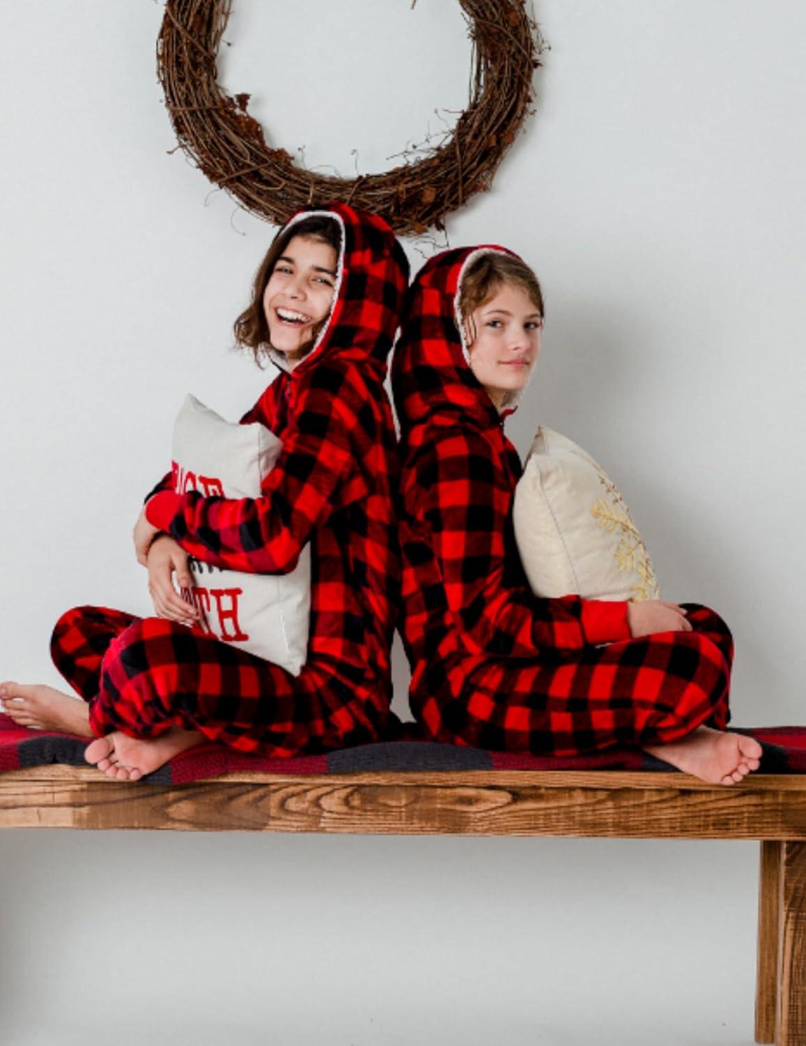 imageArshiner Girls 2 Piece Outfits Sweatsuit Fuzzy Long Sleeve Bear Ear Hoodie Sweatshirt and Sweatpant Kids Clothing SetsRed Plaid