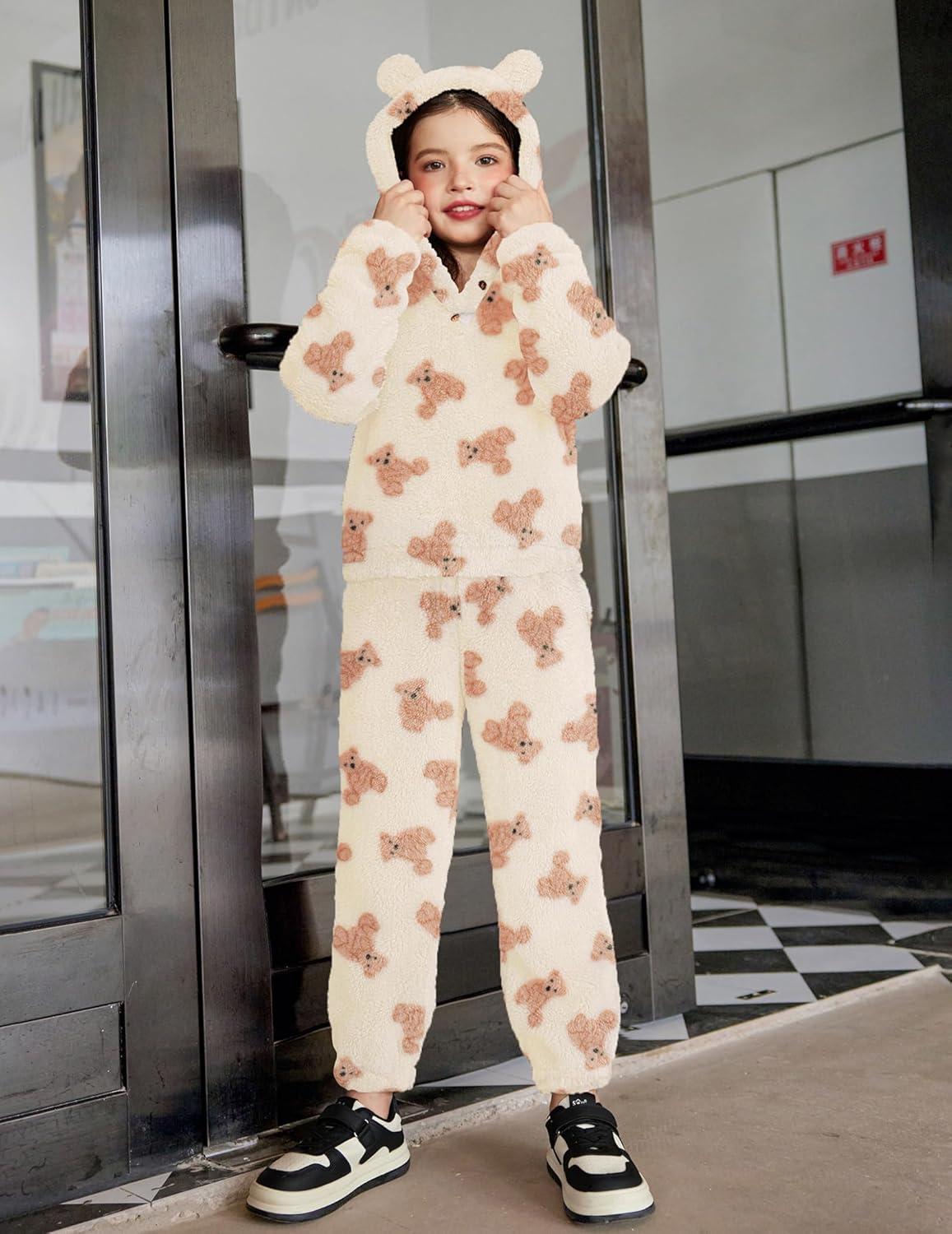imageArshiner Girls 2 Piece Outfits Sweatsuit Fuzzy Long Sleeve Bear Ear Hoodie Sweatshirt and Sweatpant Kids Clothing SetsTeddy Print