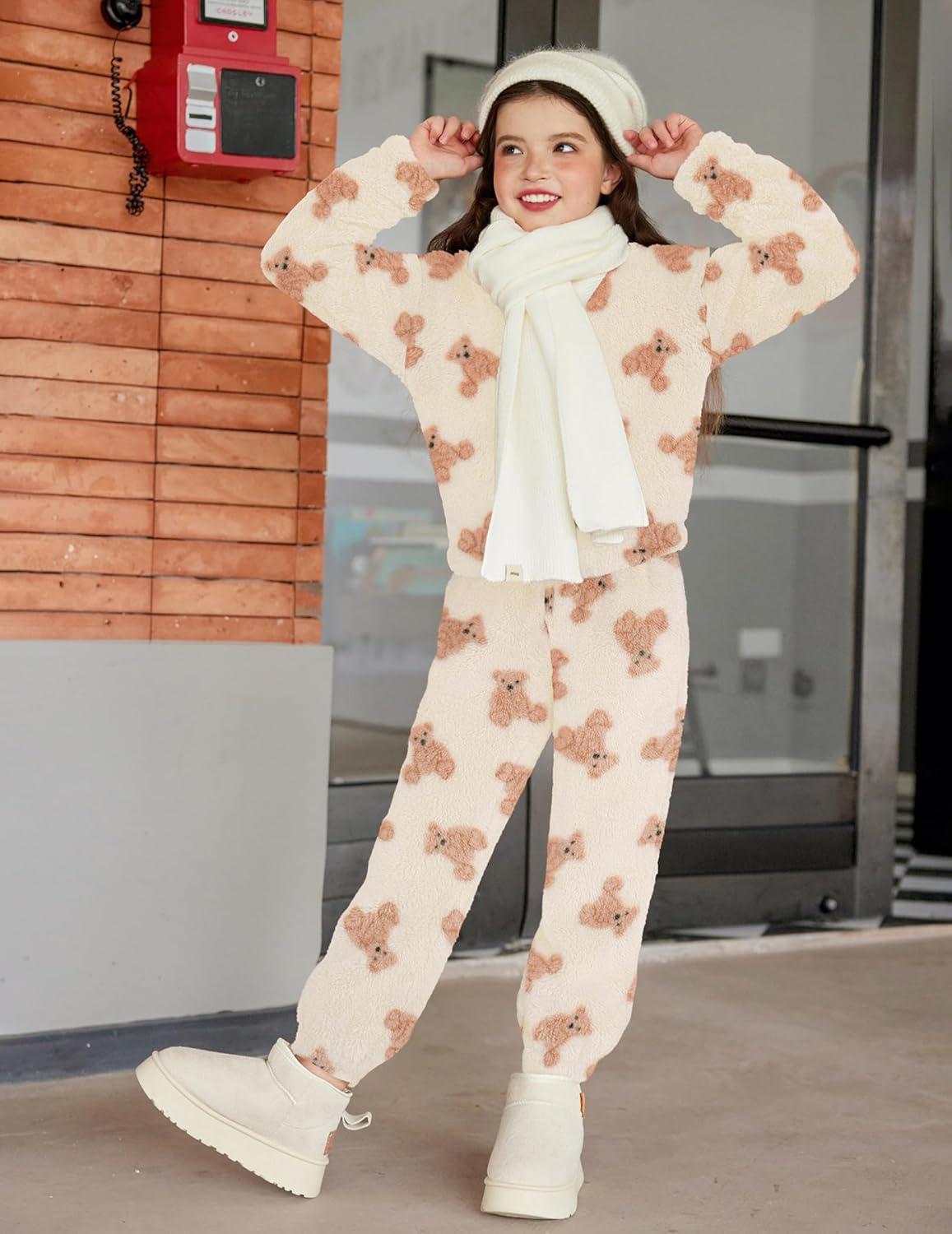 imageArshiner Girls 2 Piece Outfits Sweatsuit Fuzzy Long Sleeve Bear Ear Hoodie Sweatshirt and Sweatpant Kids Clothing SetsTeddy Print