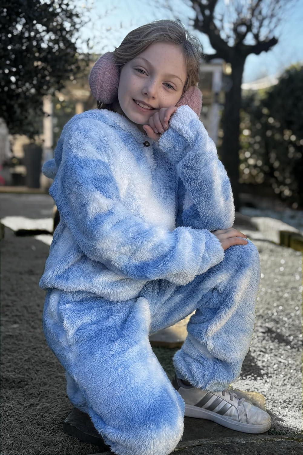 imageArshiner Girls 2 Piece Outfits Sweatsuit Fuzzy Long Sleeve Bear Ear Hoodie Sweatshirt and Sweatpant Kids Clothing SetsTie Dyebluewhite