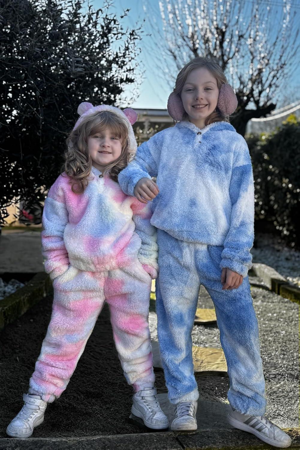 imageArshiner Girls 2 Piece Outfits Sweatsuit Fuzzy Long Sleeve Bear Ear Hoodie Sweatshirt and Sweatpant Kids Clothing SetsTie Dyebluewhite