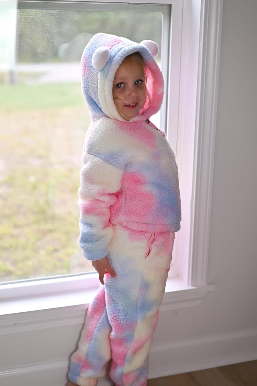 imageArshiner Girls 2 Piece Outfits Sweatsuit Fuzzy Long Sleeve Bear Ear Hoodie Sweatshirt and Sweatpant Kids Clothing SetsTie Dyeblueyellowpink