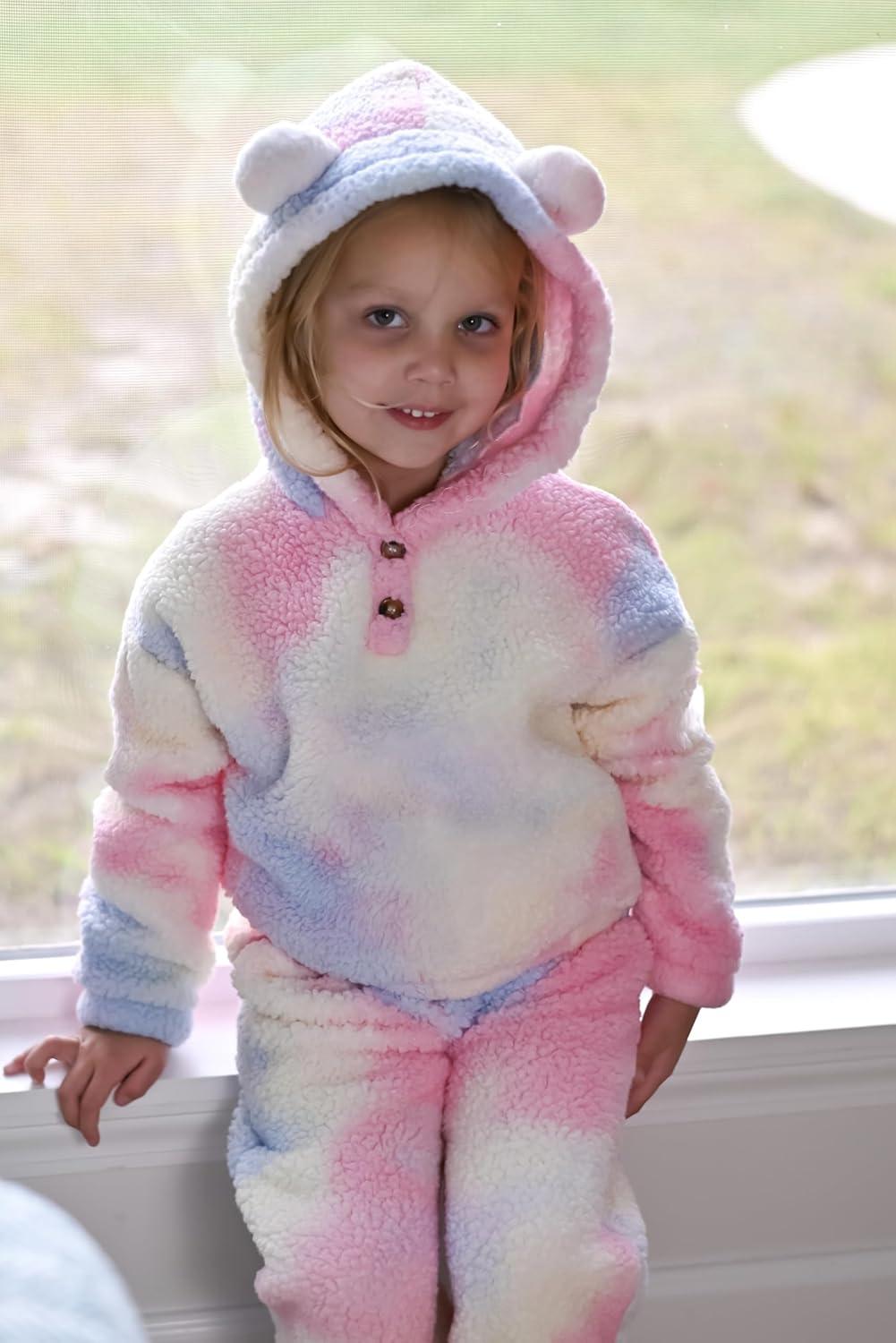 imageArshiner Girls 2 Piece Outfits Sweatsuit Fuzzy Long Sleeve Bear Ear Hoodie Sweatshirt and Sweatpant Kids Clothing SetsTie Dyeblueyellowpink