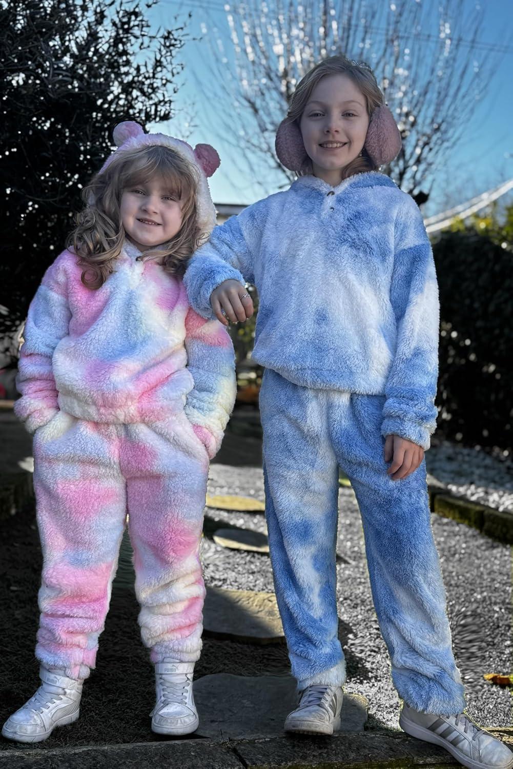 imageArshiner Girls 2 Piece Outfits Sweatsuit Fuzzy Long Sleeve Bear Ear Hoodie Sweatshirt and Sweatpant Kids Clothing SetsTie Dyeblueyellowpink