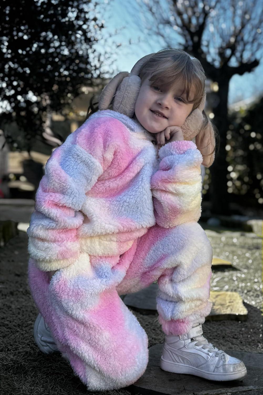 imageArshiner Girls 2 Piece Outfits Sweatsuit Fuzzy Long Sleeve Bear Ear Hoodie Sweatshirt and Sweatpant Kids Clothing SetsTie Dyeblueyellowpink