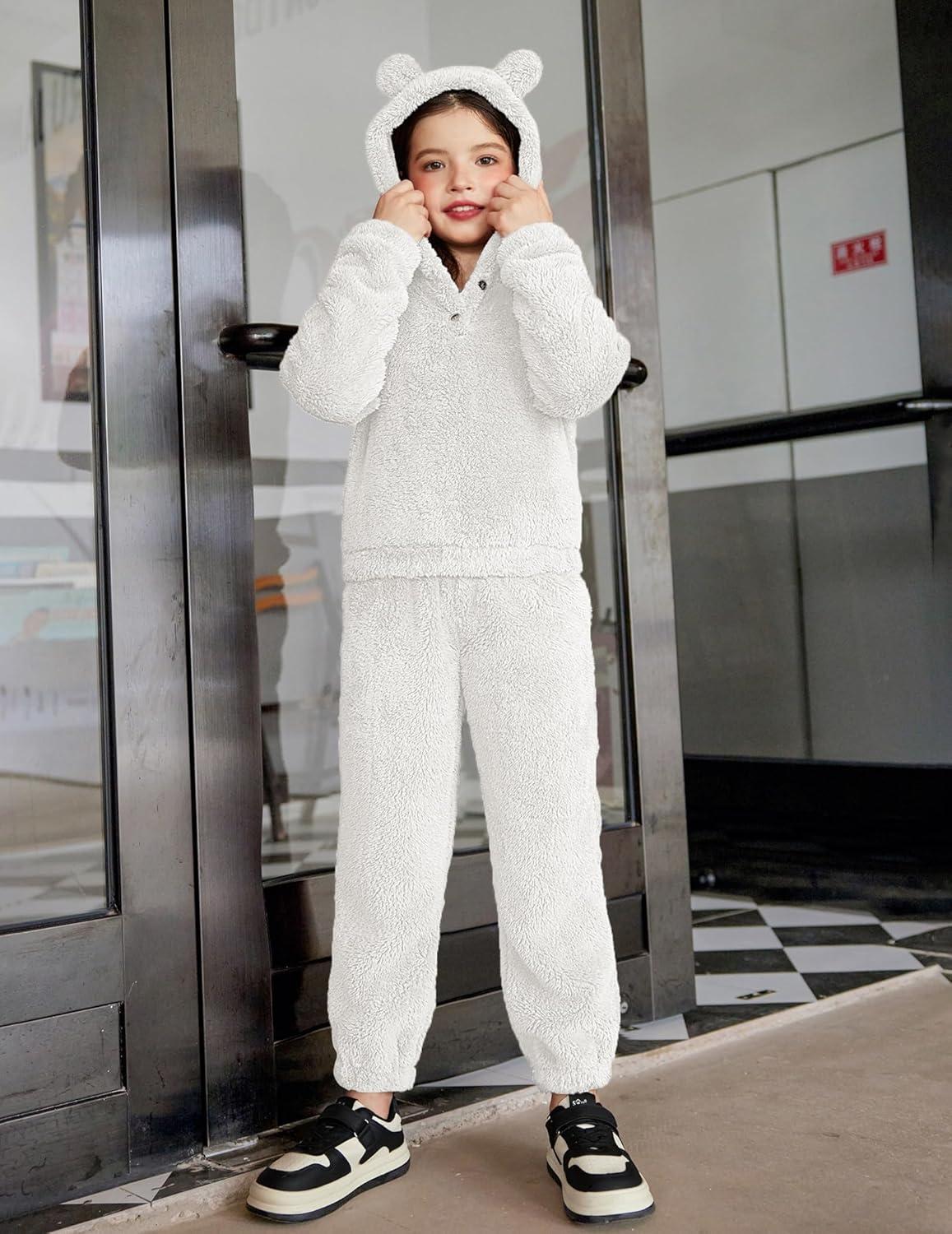 imageArshiner Girls 2 Piece Outfits Sweatsuit Fuzzy Long Sleeve Bear Ear Hoodie Sweatshirt and Sweatpant Kids Clothing SetsWhite