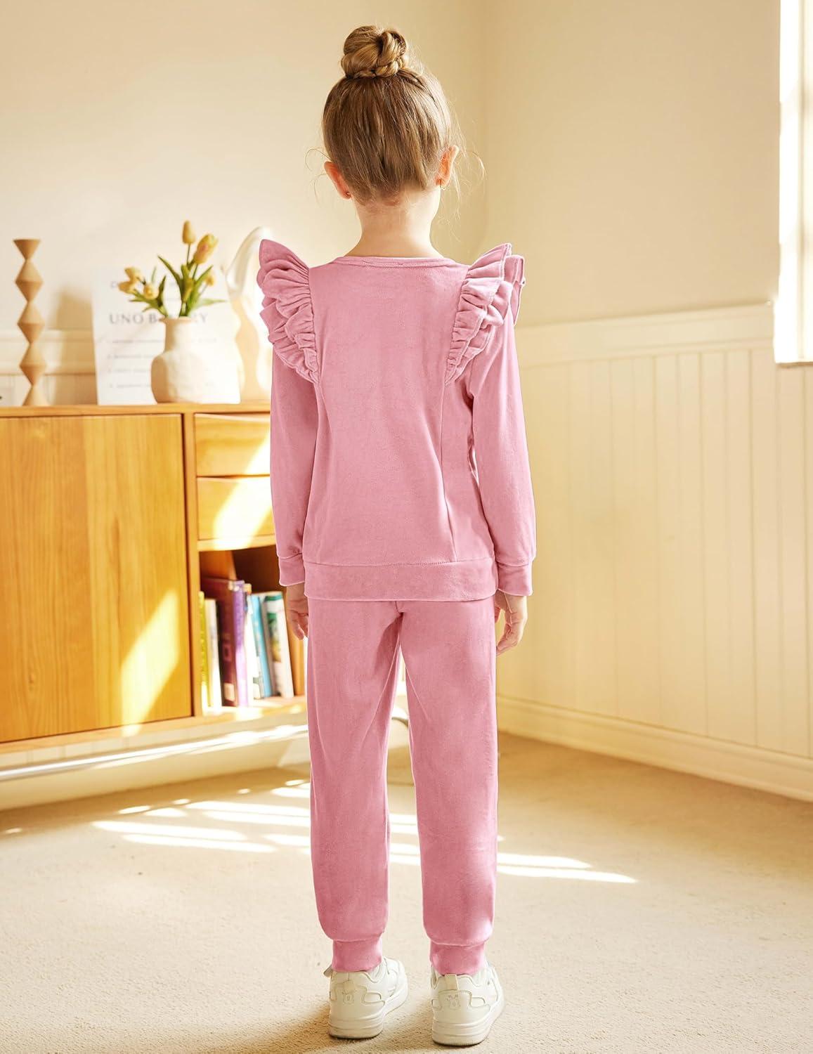 imageArshiner Girls 2 Piece Outfits Velour Tracksuit Cute Clothes Sweatsuit Ruffle Pullover Sweatshirt Sweatpants Clothing SetsGrey Purple Red