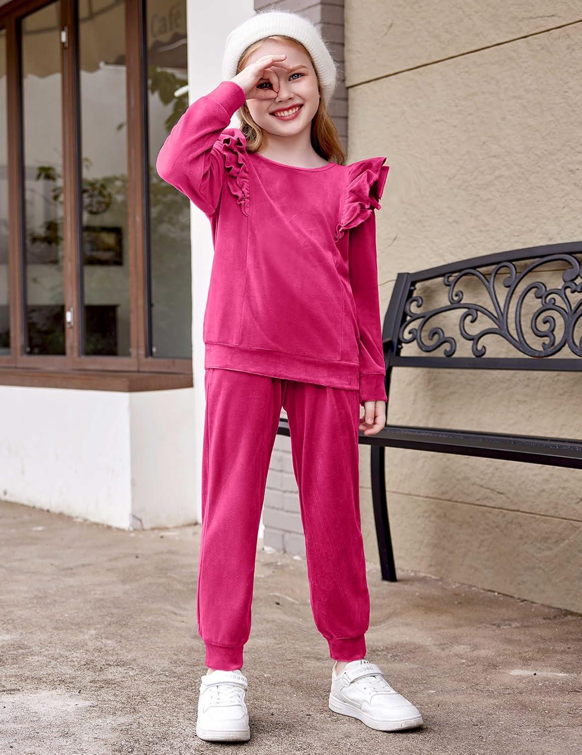 imageArshiner Girls 2 Piece Outfits Velour Tracksuit Cute Clothes Sweatsuit Ruffle Pullover Sweatshirt Sweatpants Clothing SetsRose Red