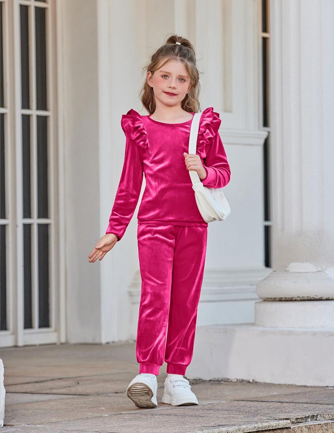 imageArshiner Girls 2 Piece Outfits Velour Tracksuit Cute Clothes Sweatsuit Ruffle Pullover Sweatshirt Sweatpants Clothing SetsRose Red
