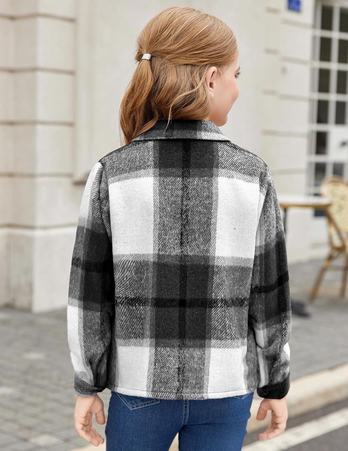 imageArshiner Girls Flannel Fall Winter Cropped Shacket Plaid Jacket Casual Long Sleeve Button Down Fashion CoatBlack