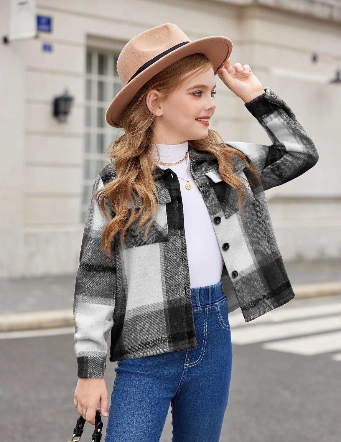 imageArshiner Girls Flannel Fall Winter Cropped Shacket Plaid Jacket Casual Long Sleeve Button Down Fashion CoatBlack