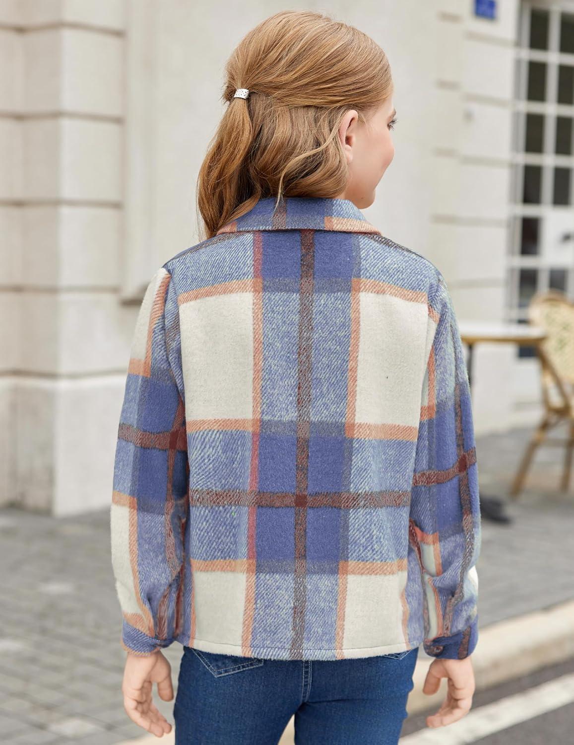 imageArshiner Girls Flannel Fall Winter Cropped Shacket Plaid Jacket Casual Long Sleeve Button Down Fashion CoatBlue