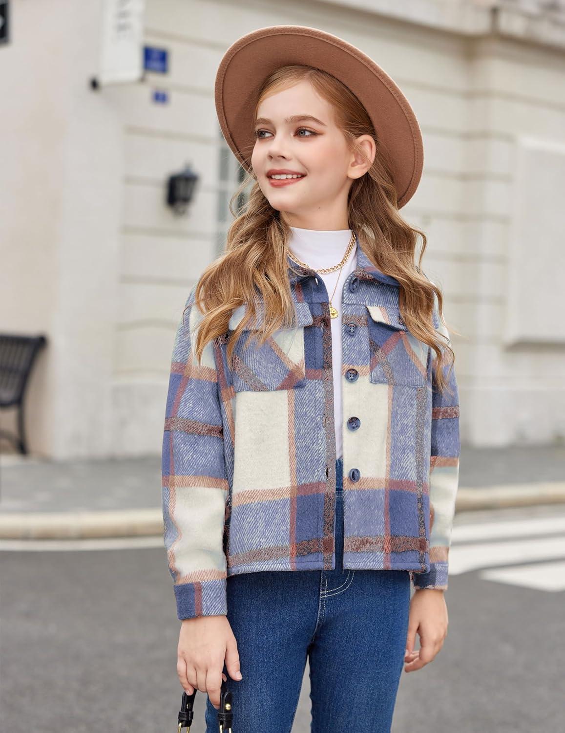 imageArshiner Girls Flannel Fall Winter Cropped Shacket Plaid Jacket Casual Long Sleeve Button Down Fashion CoatBlue