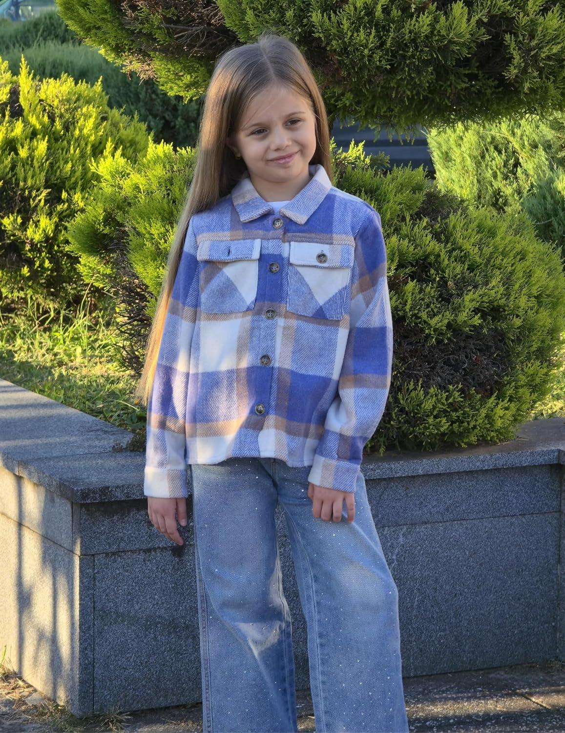 imageArshiner Girls Flannel Fall Winter Cropped Shacket Plaid Jacket Casual Long Sleeve Button Down Fashion CoatBlue