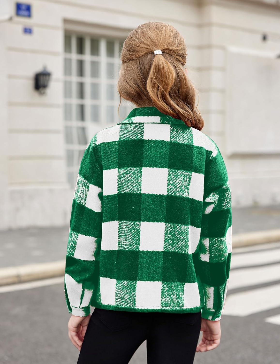imageArshiner Girls Flannel Fall Winter Cropped Shacket Plaid Jacket Casual Long Sleeve Button Down Fashion CoatGreen