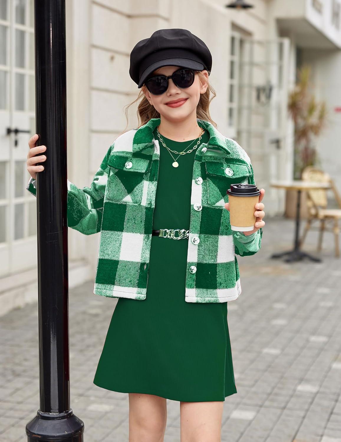imageArshiner Girls Flannel Fall Winter Cropped Shacket Plaid Jacket Casual Long Sleeve Button Down Fashion CoatGreen