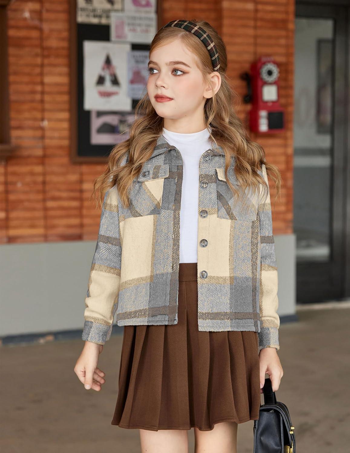 imageArshiner Girls Flannel Fall Winter Cropped Shacket Plaid Jacket Casual Long Sleeve Button Down Fashion CoatGrey