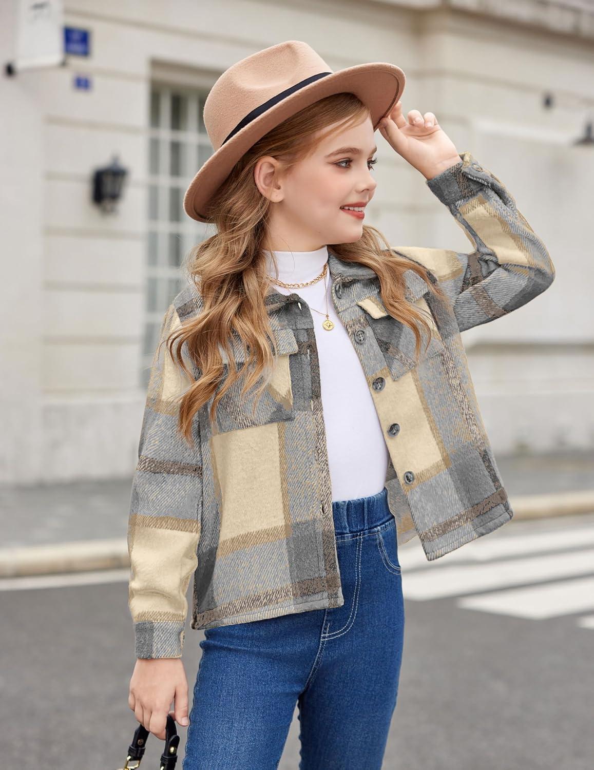 imageArshiner Girls Flannel Fall Winter Cropped Shacket Plaid Jacket Casual Long Sleeve Button Down Fashion CoatGrey