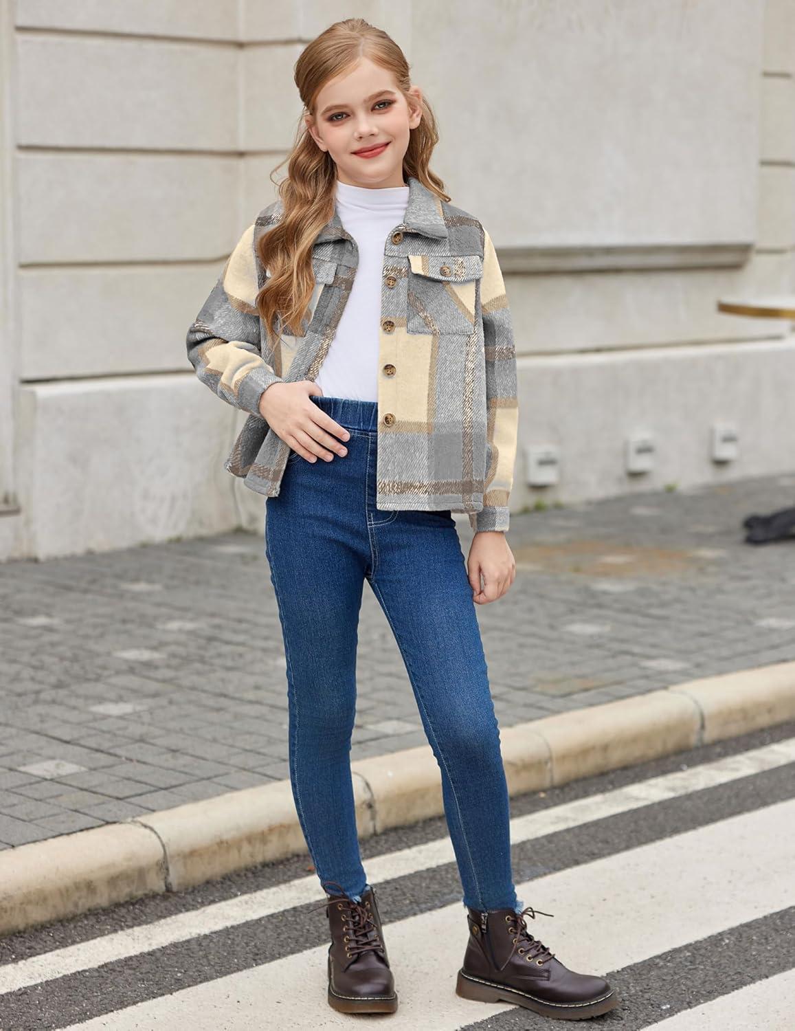 imageArshiner Girls Flannel Fall Winter Cropped Shacket Plaid Jacket Casual Long Sleeve Button Down Fashion CoatGrey