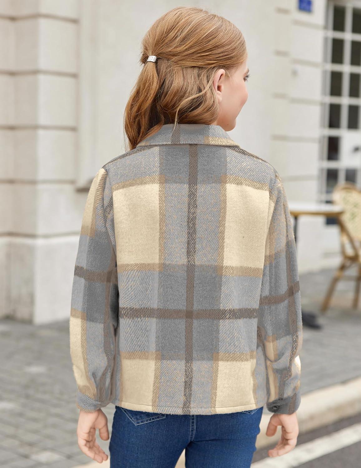 imageArshiner Girls Flannel Fall Winter Cropped Shacket Plaid Jacket Casual Long Sleeve Button Down Fashion CoatGrey