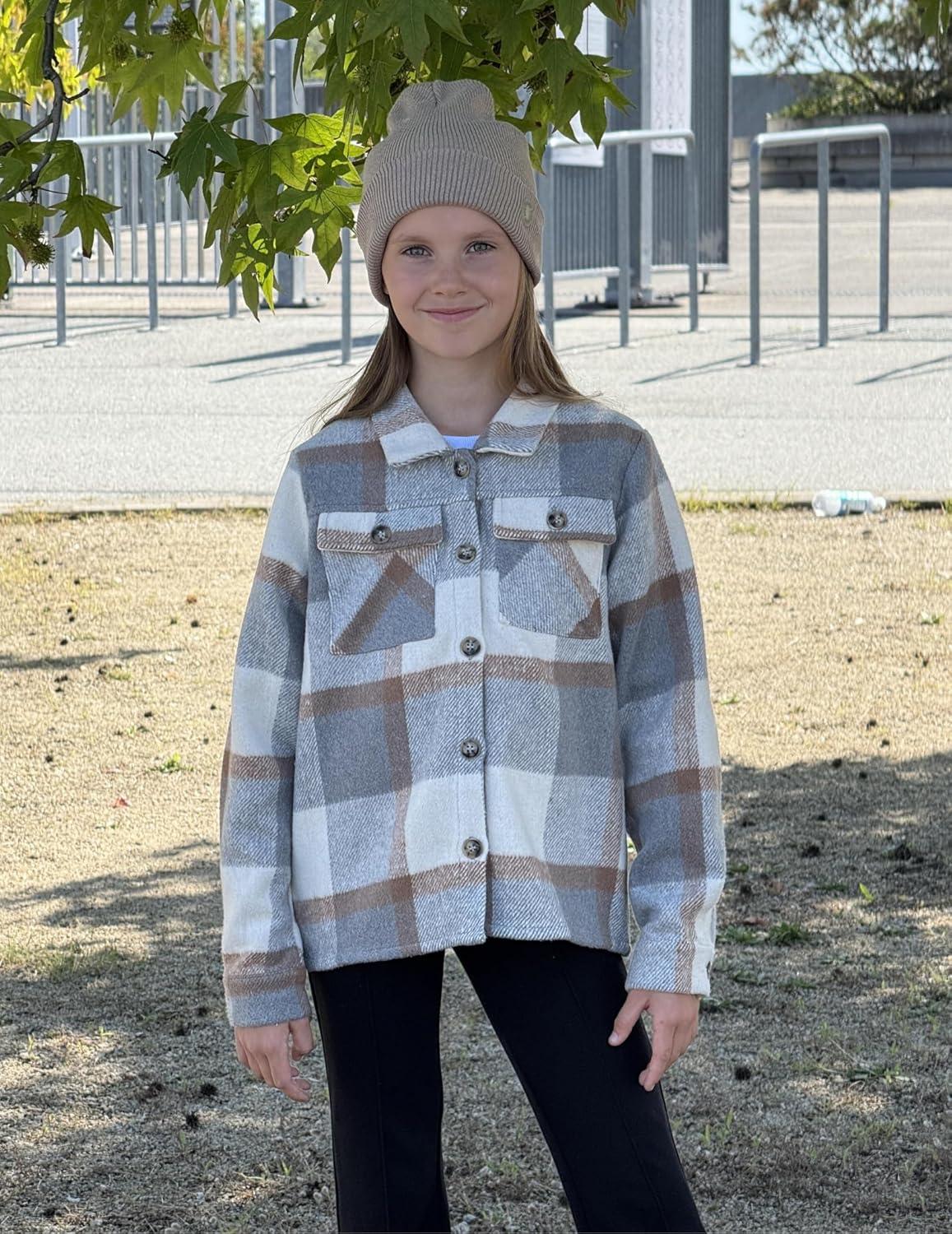 imageArshiner Girls Flannel Fall Winter Cropped Shacket Plaid Jacket Casual Long Sleeve Button Down Fashion CoatGrey
