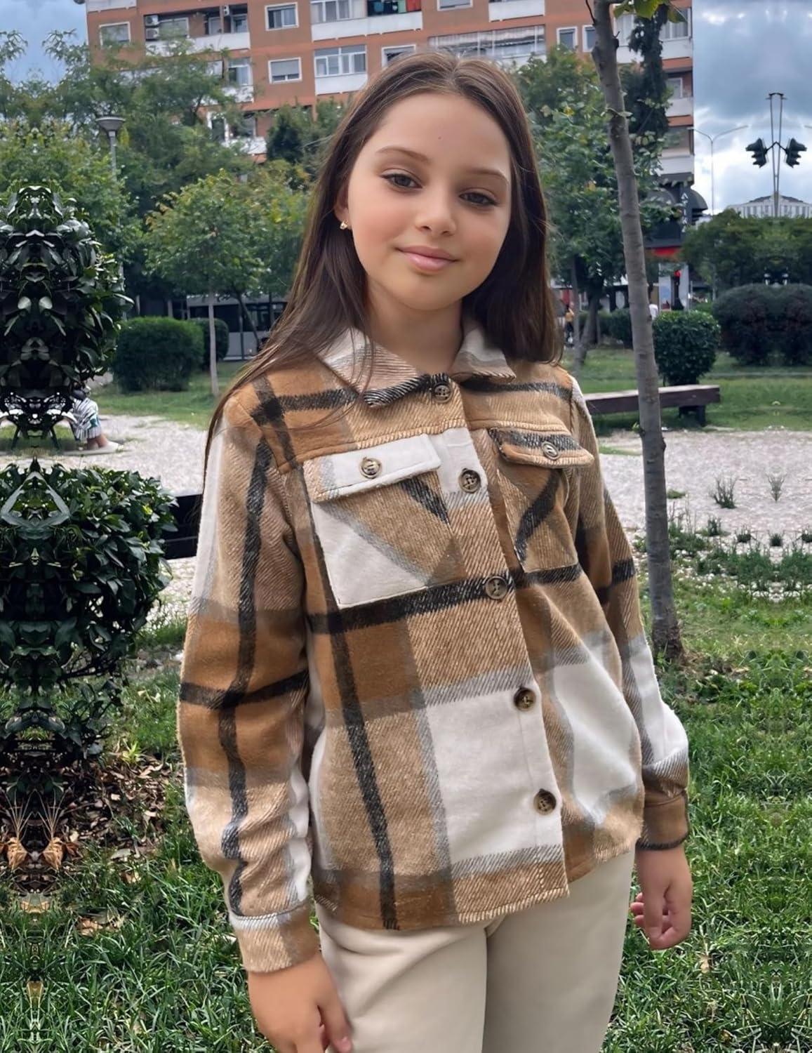 imageArshiner Girls Flannel Fall Winter Cropped Shacket Plaid Jacket Casual Long Sleeve Button Down Fashion CoatKhaki