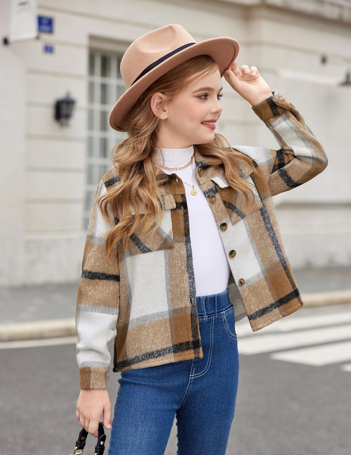 imageArshiner Girls Flannel Fall Winter Cropped Shacket Plaid Jacket Casual Long Sleeve Button Down Fashion CoatKhaki