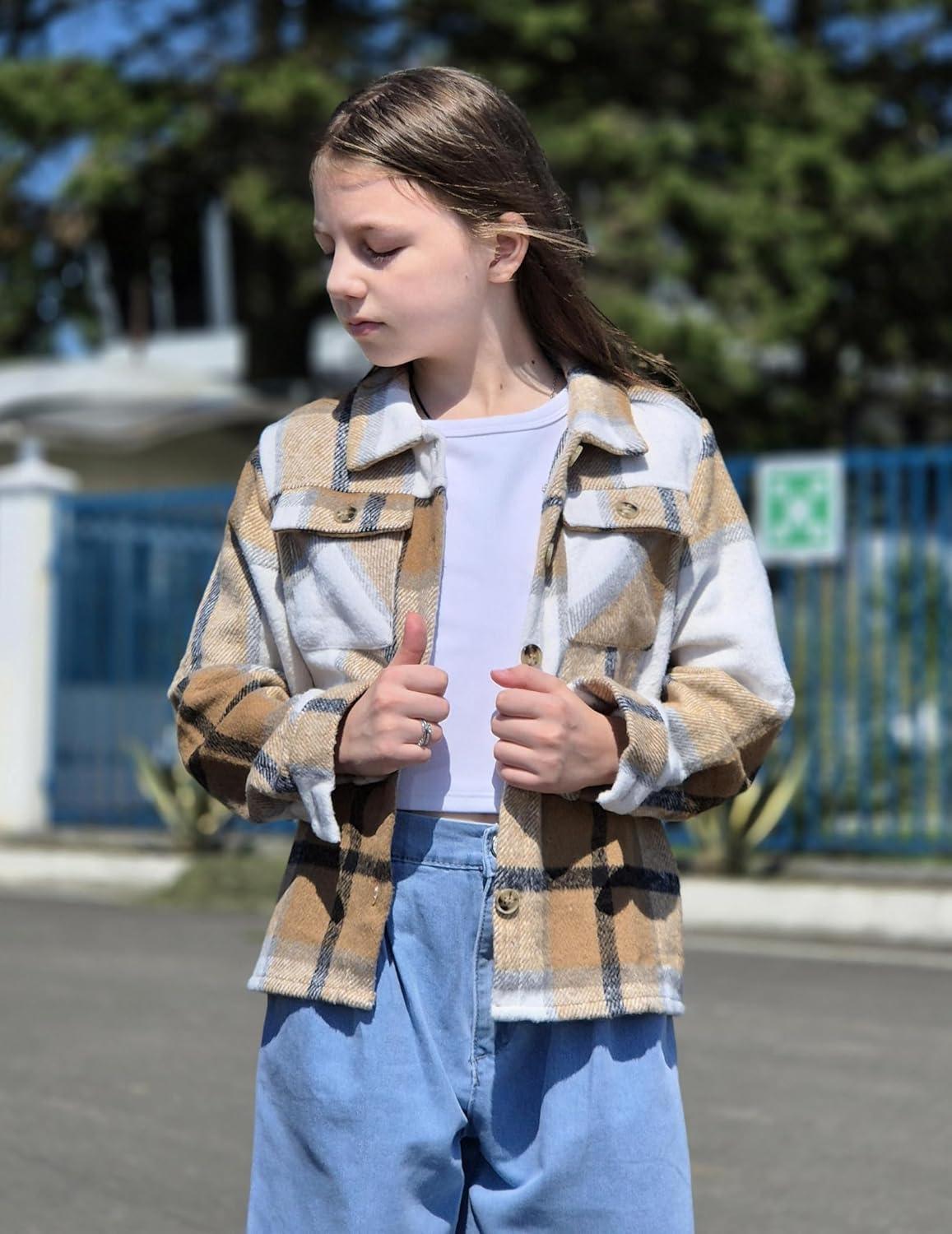 imageArshiner Girls Flannel Fall Winter Cropped Shacket Plaid Jacket Casual Long Sleeve Button Down Fashion CoatKhaki