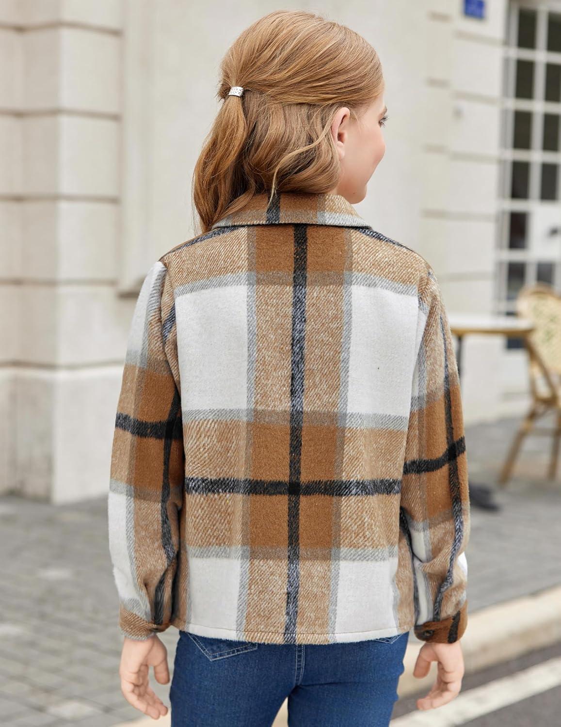 imageArshiner Girls Flannel Fall Winter Cropped Shacket Plaid Jacket Casual Long Sleeve Button Down Fashion CoatKhaki