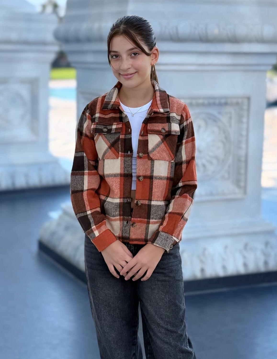 imageArshiner Girls Flannel Fall Winter Cropped Shacket Plaid Jacket Casual Long Sleeve Button Down Fashion CoatOrange