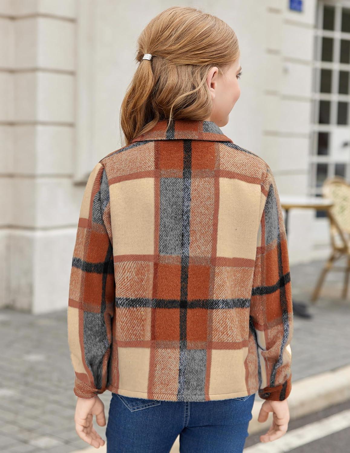imageArshiner Girls Flannel Fall Winter Cropped Shacket Plaid Jacket Casual Long Sleeve Button Down Fashion CoatOrange