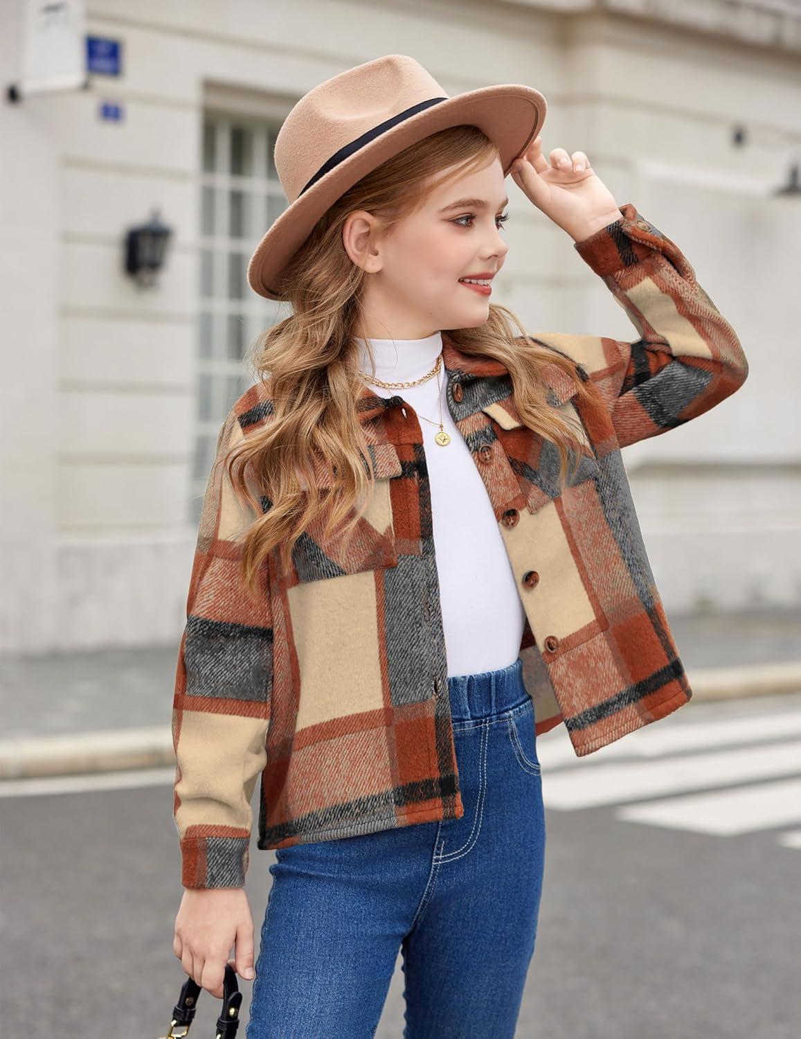 imageArshiner Girls Flannel Fall Winter Cropped Shacket Plaid Jacket Casual Long Sleeve Button Down Fashion CoatOrange
