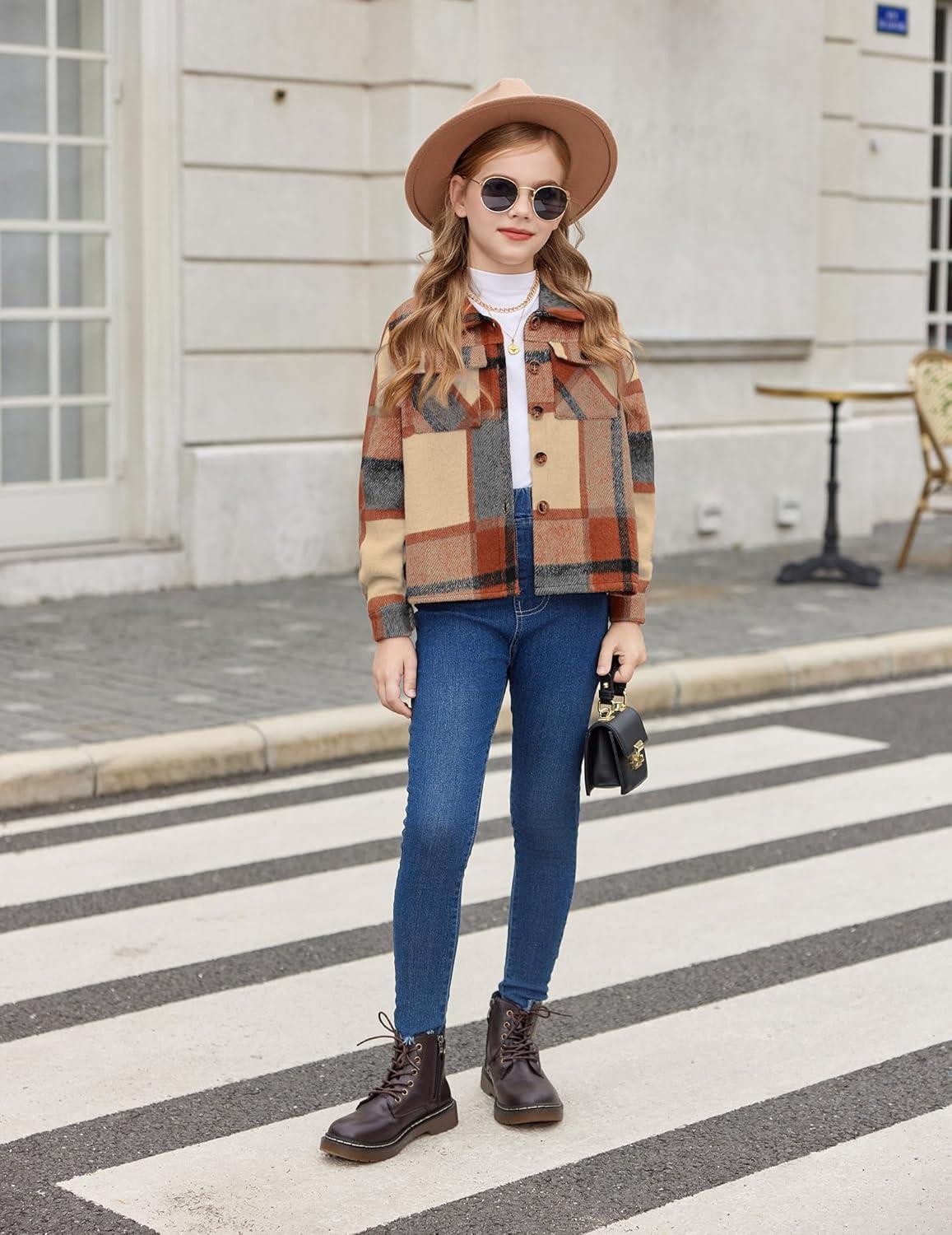 imageArshiner Girls Flannel Fall Winter Cropped Shacket Plaid Jacket Casual Long Sleeve Button Down Fashion CoatOrange