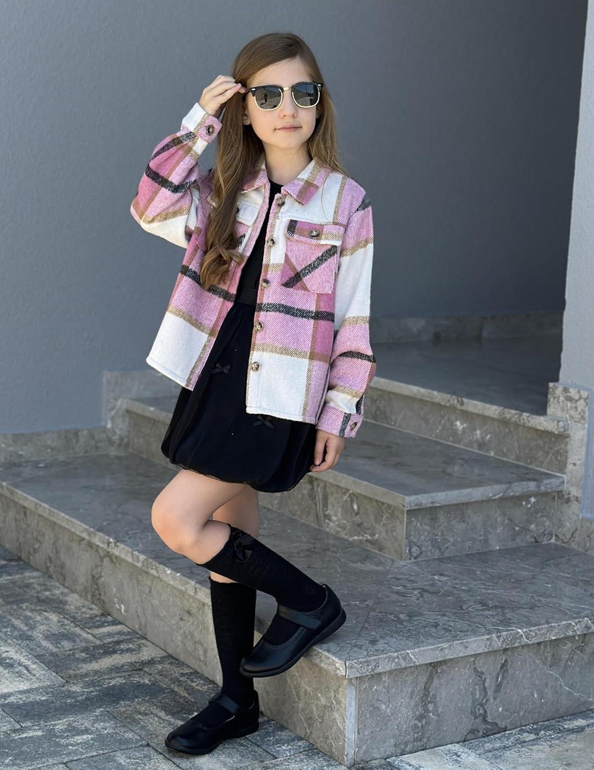 imageArshiner Girls Flannel Fall Winter Cropped Shacket Plaid Jacket Casual Long Sleeve Button Down Fashion CoatPink