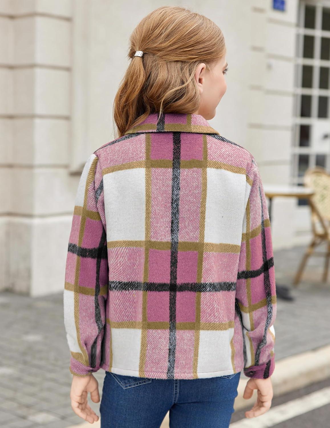 imageArshiner Girls Flannel Fall Winter Cropped Shacket Plaid Jacket Casual Long Sleeve Button Down Fashion CoatPink