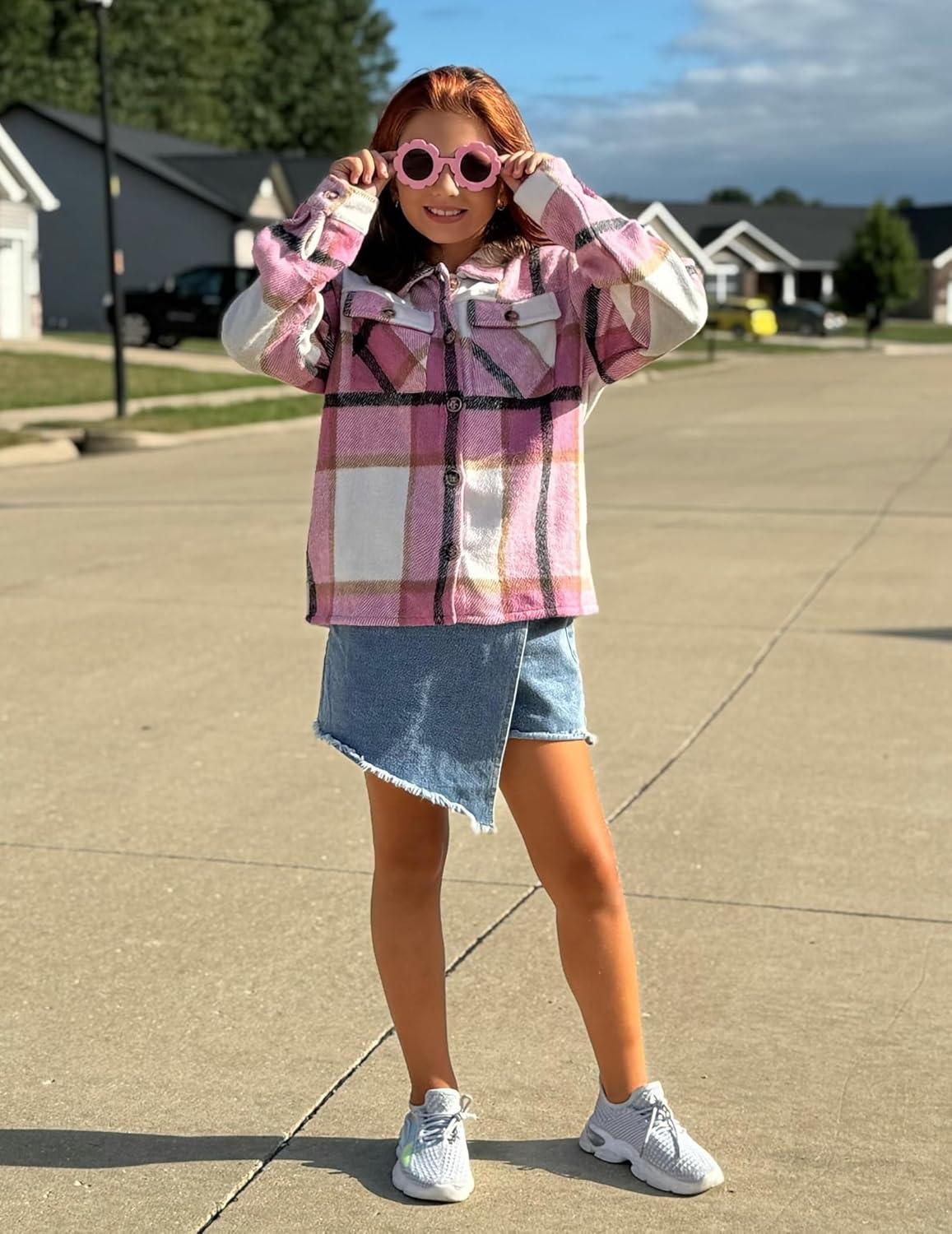 imageArshiner Girls Flannel Fall Winter Cropped Shacket Plaid Jacket Casual Long Sleeve Button Down Fashion CoatPink