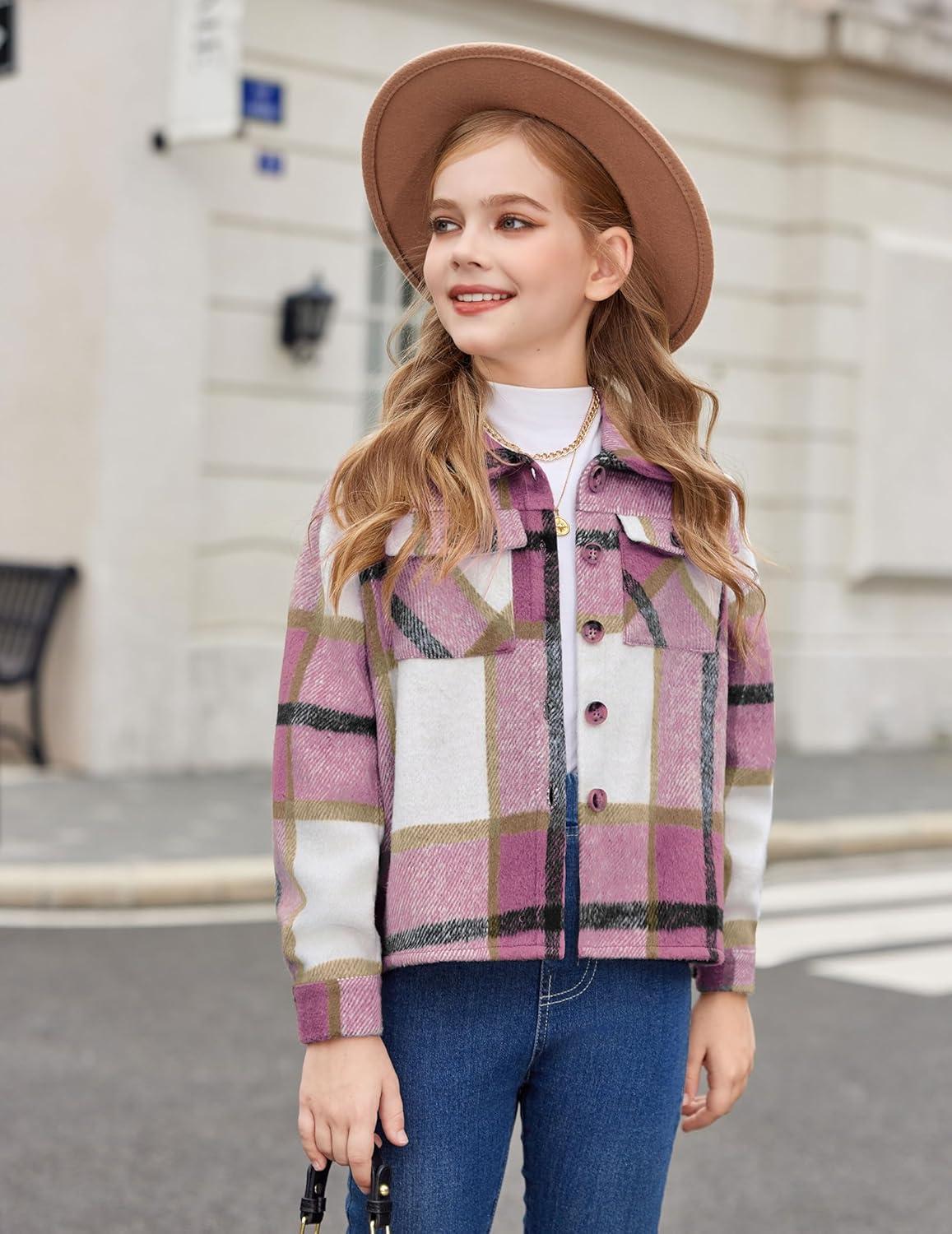 imageArshiner Girls Flannel Fall Winter Cropped Shacket Plaid Jacket Casual Long Sleeve Button Down Fashion CoatPink
