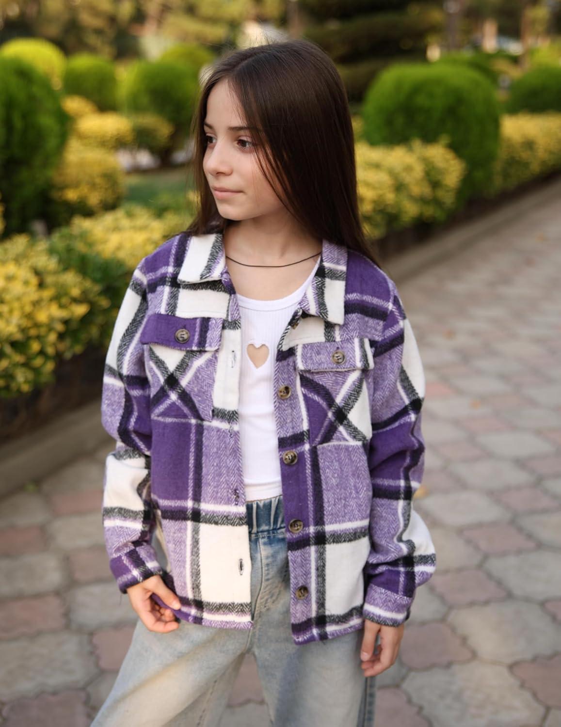 imageArshiner Girls Flannel Fall Winter Cropped Shacket Plaid Jacket Casual Long Sleeve Button Down Fashion CoatPurple