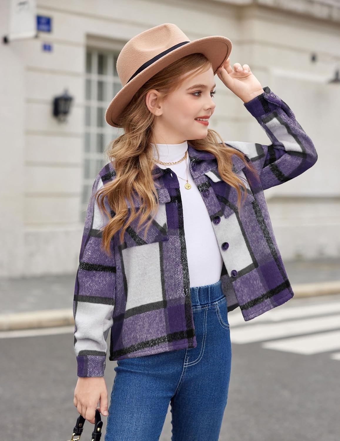 imageArshiner Girls Flannel Fall Winter Cropped Shacket Plaid Jacket Casual Long Sleeve Button Down Fashion CoatPurple