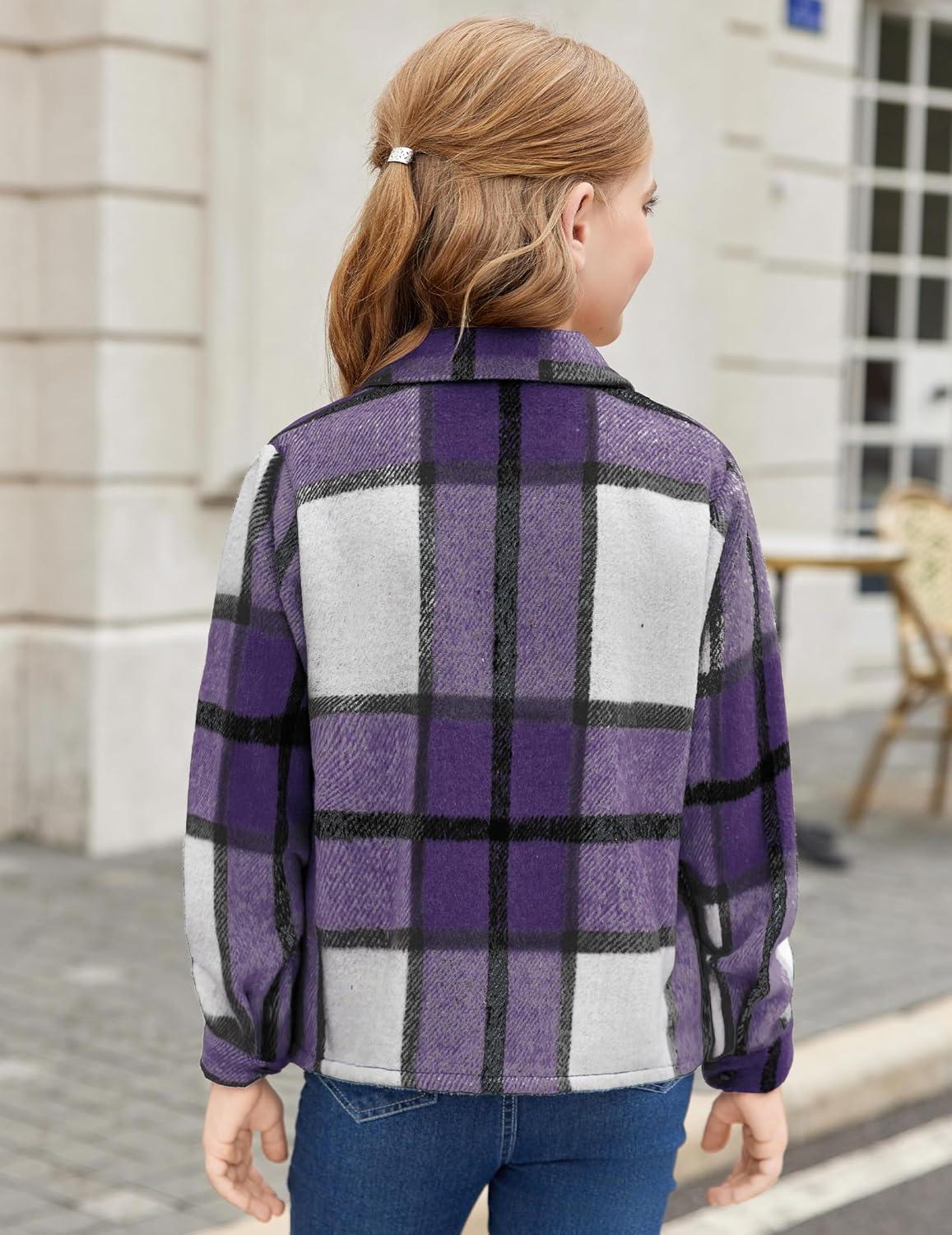 imageArshiner Girls Flannel Fall Winter Cropped Shacket Plaid Jacket Casual Long Sleeve Button Down Fashion CoatPurple
