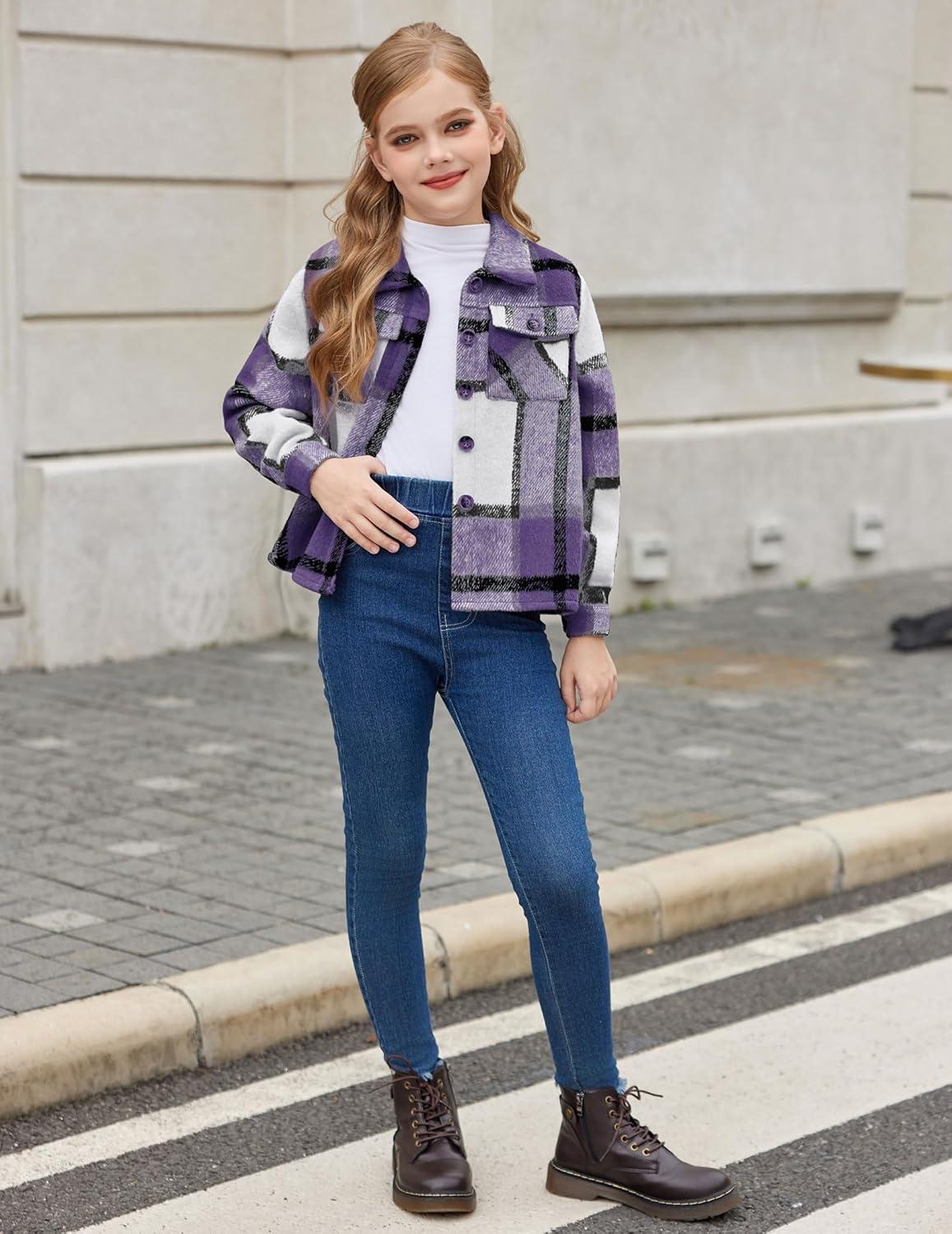 imageArshiner Girls Flannel Fall Winter Cropped Shacket Plaid Jacket Casual Long Sleeve Button Down Fashion CoatPurple