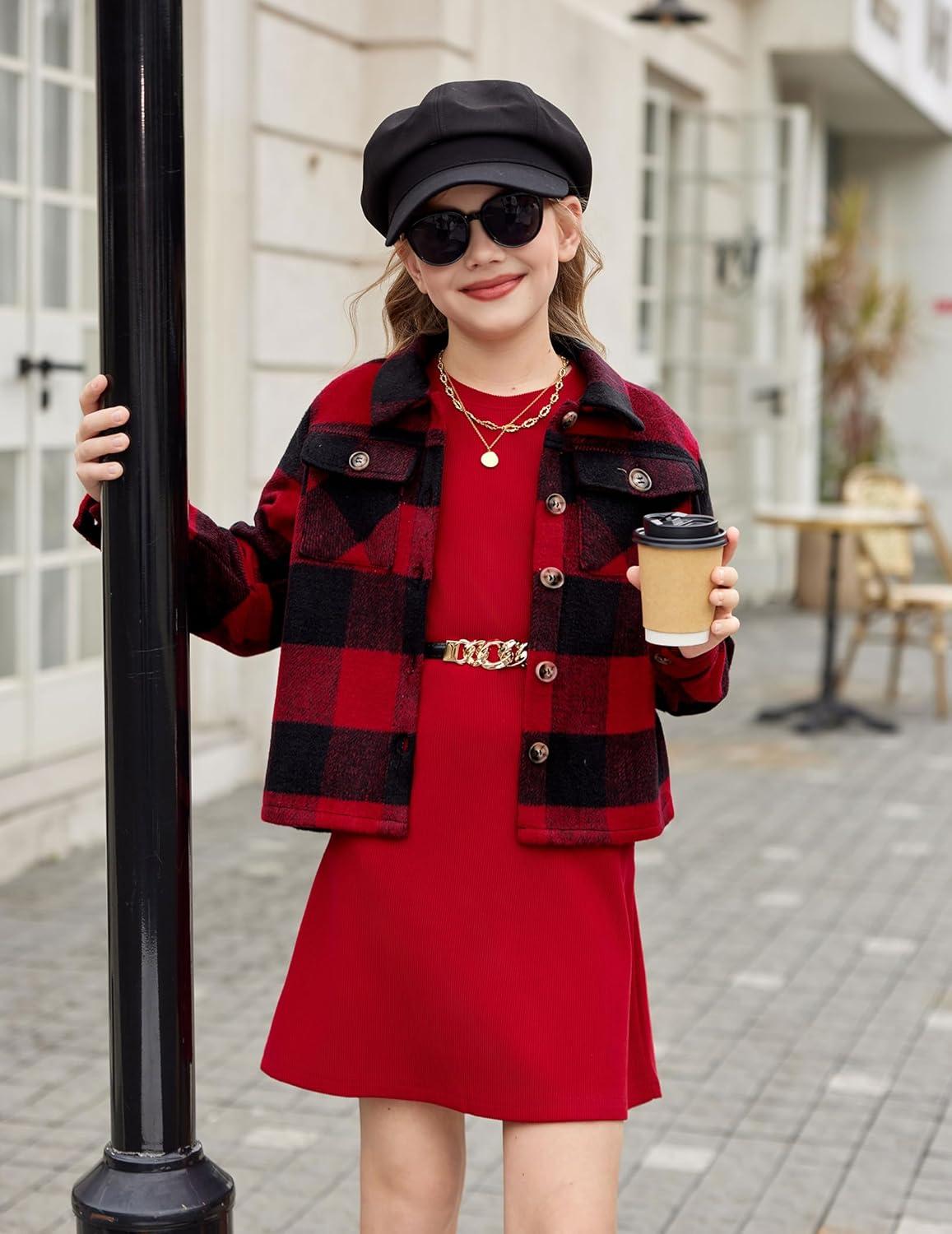 imageArshiner Girls Flannel Fall Winter Cropped Shacket Plaid Jacket Casual Long Sleeve Button Down Fashion CoatRed