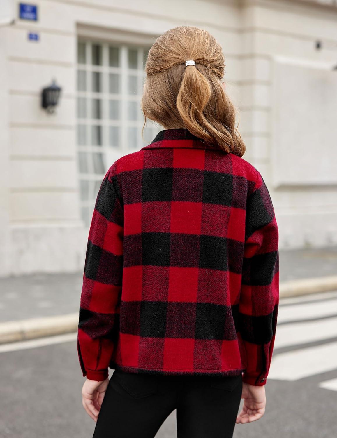 imageArshiner Girls Flannel Fall Winter Cropped Shacket Plaid Jacket Casual Long Sleeve Button Down Fashion CoatRed