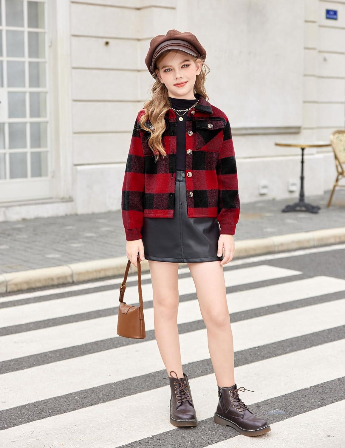 imageArshiner Girls Flannel Fall Winter Cropped Shacket Plaid Jacket Casual Long Sleeve Button Down Fashion CoatRed