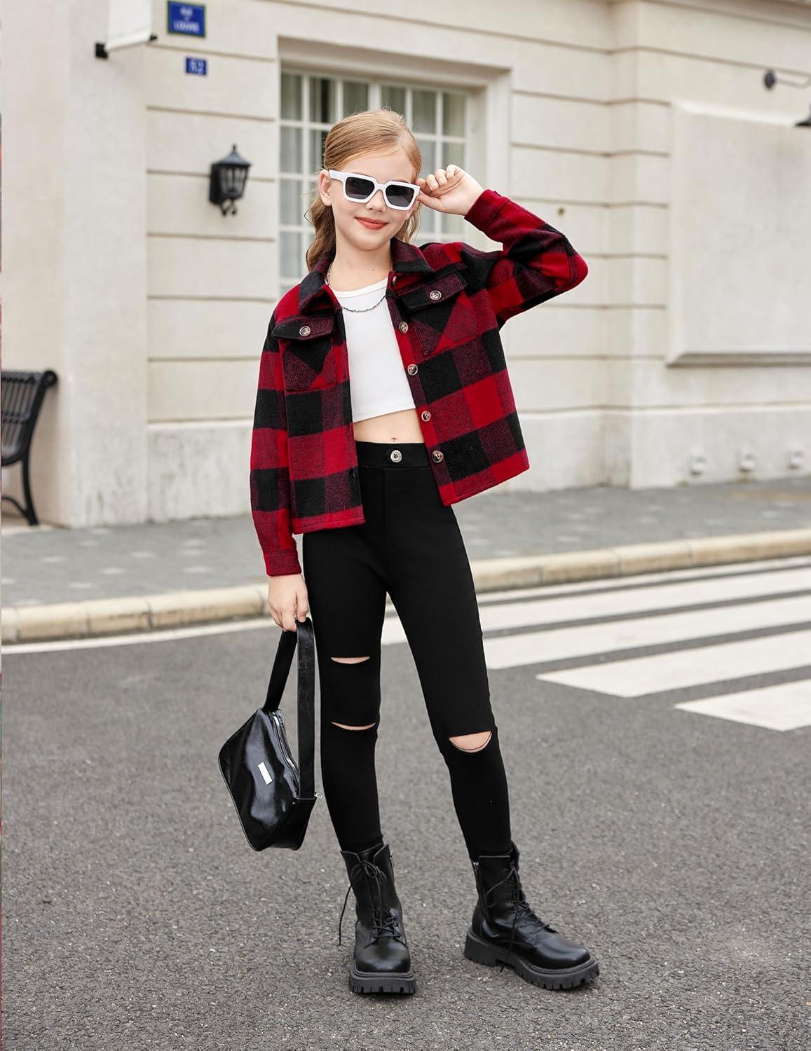 imageArshiner Girls Flannel Fall Winter Cropped Shacket Plaid Jacket Casual Long Sleeve Button Down Fashion CoatRed