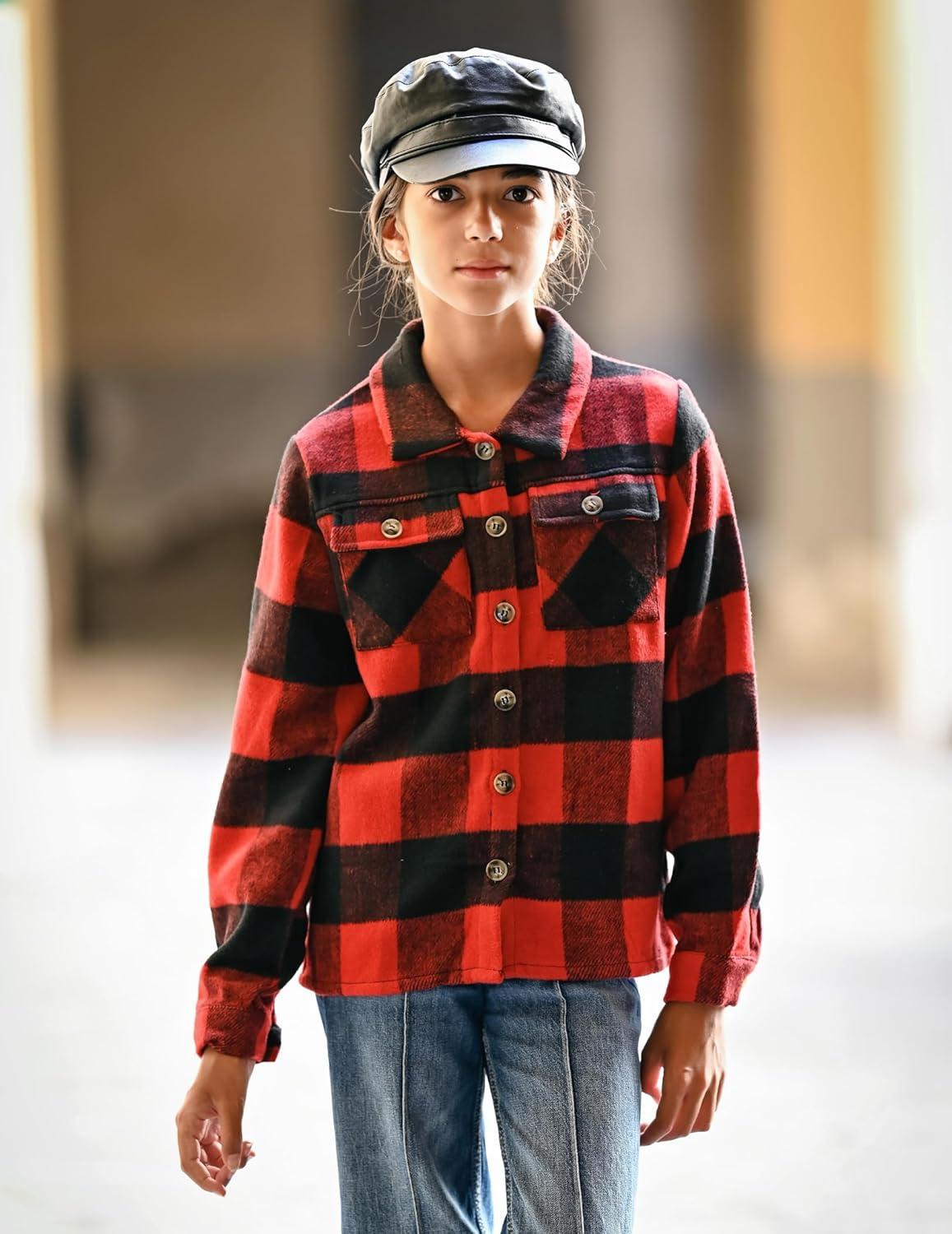 imageArshiner Girls Flannel Fall Winter Cropped Shacket Plaid Jacket Casual Long Sleeve Button Down Fashion CoatRed