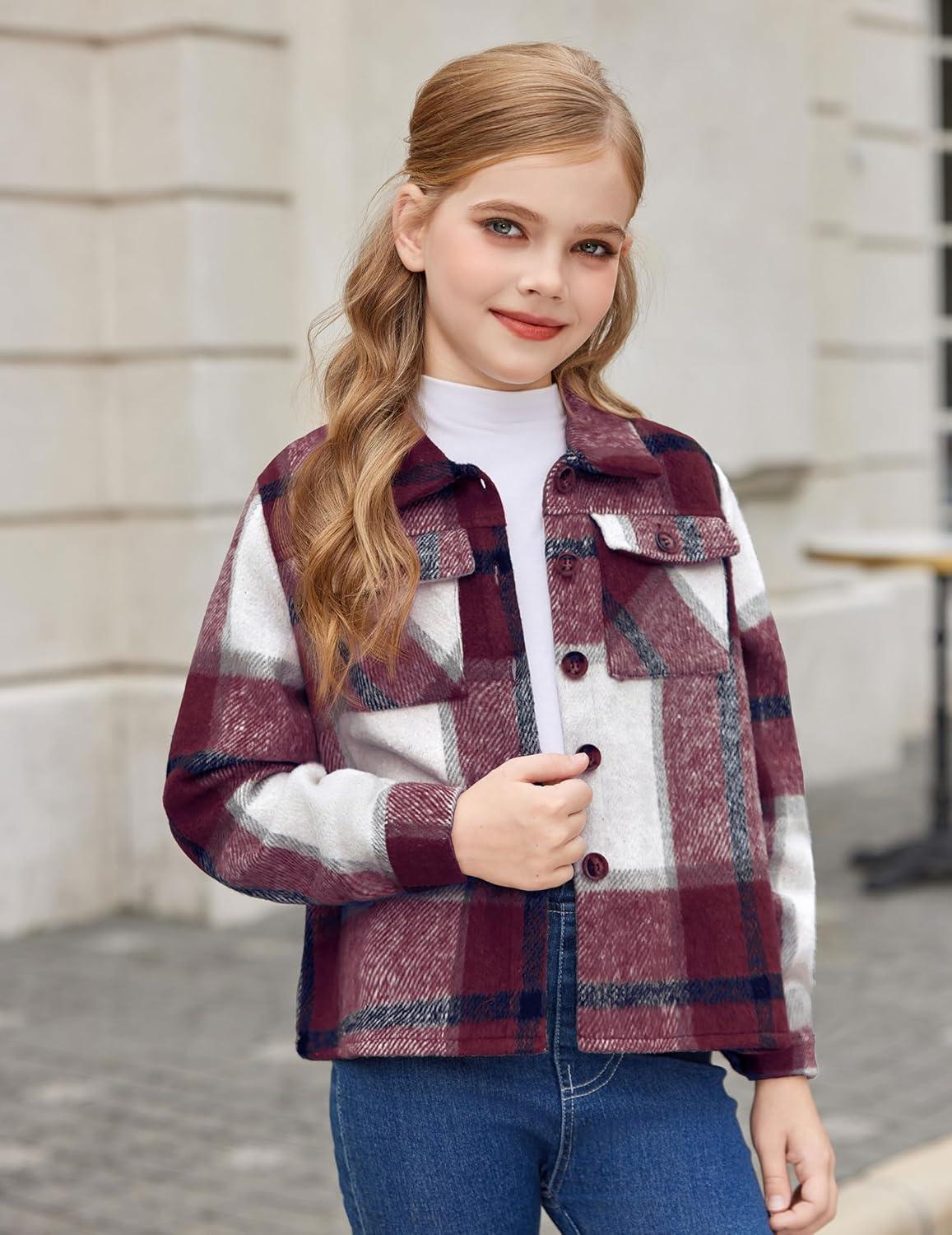 imageArshiner Girls Flannel Fall Winter Cropped Shacket Plaid Jacket Casual Long Sleeve Button Down Fashion CoatWine Red