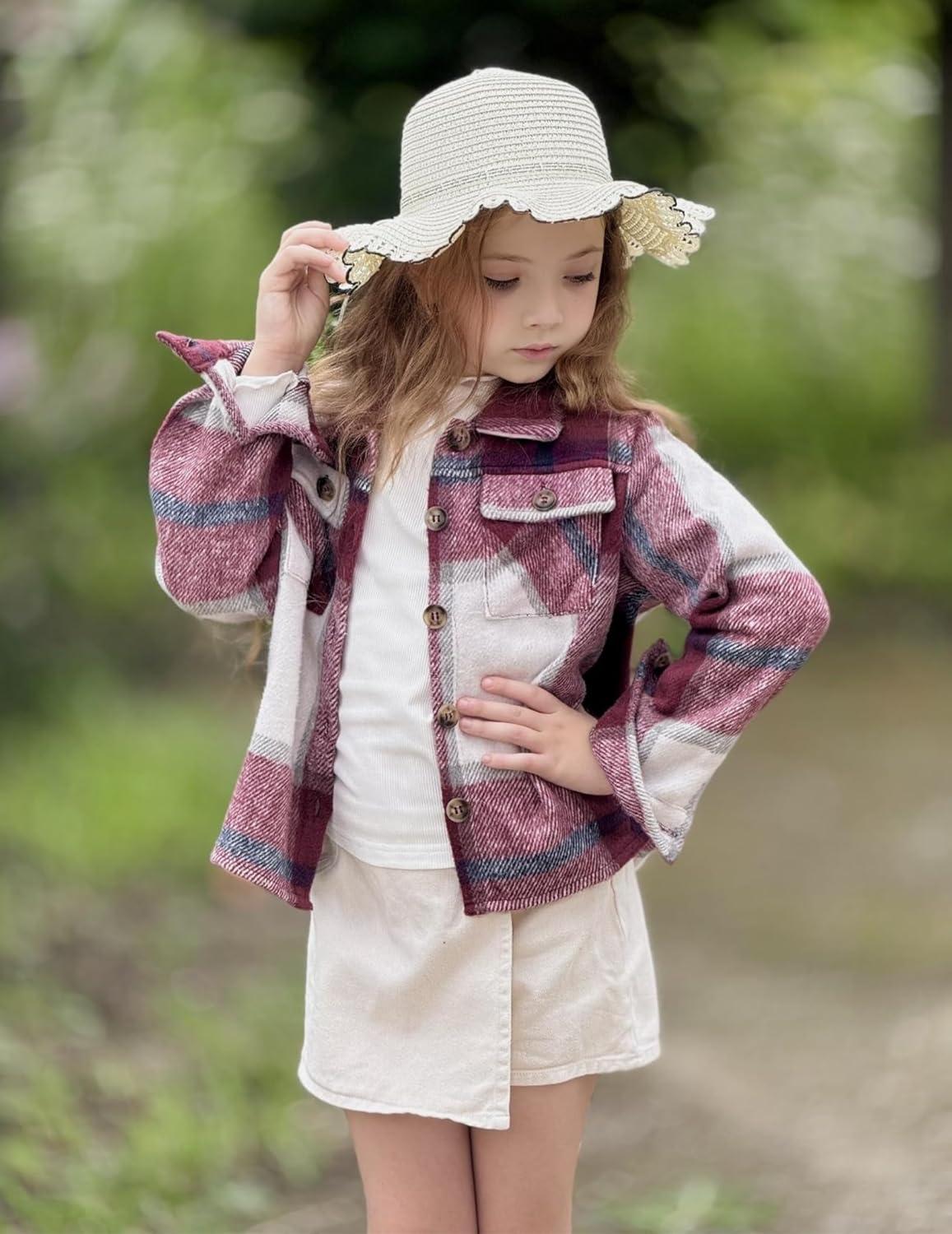 imageArshiner Girls Flannel Fall Winter Cropped Shacket Plaid Jacket Casual Long Sleeve Button Down Fashion CoatWine Red